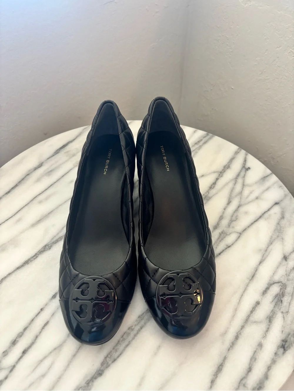 Tory Burch Quilted Black Patent Cap-Toe Block Heel Pump